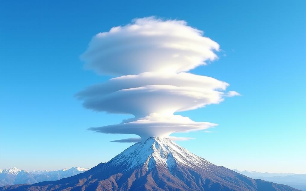 Pembentukan awan lentikular yang luar biasa di atas puncak gunung.