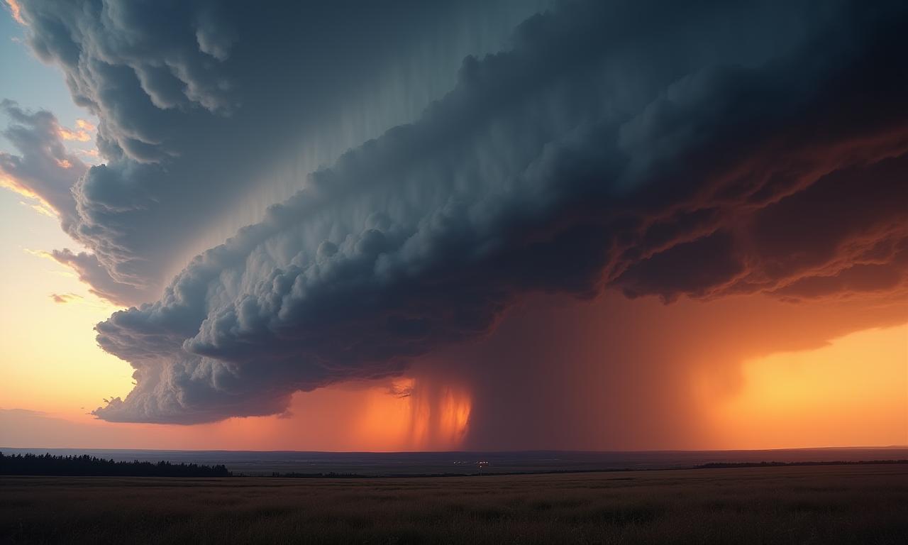Panorama awan ribut supercell yang menakjubkan semasa matahari terbenam.